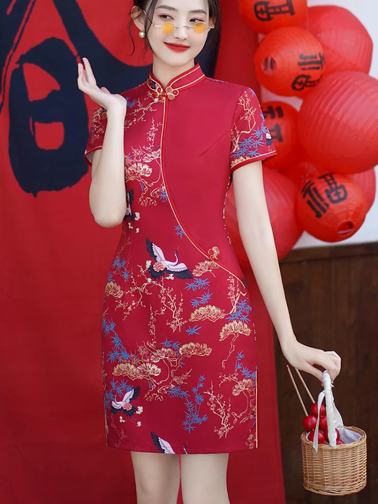 Red Chinese Style Modern Cheongsam Summer New Improved Stitching Short Women's Qipao Dress - Seprincess