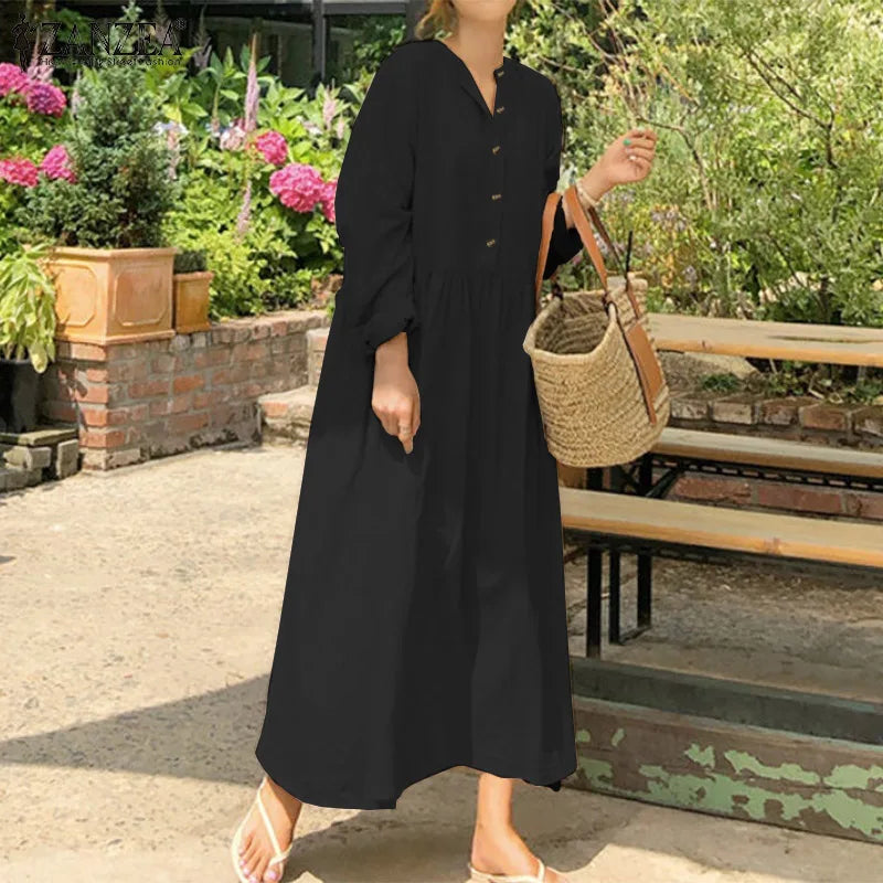 Women's Elegant Solid Cotton Robe Femme 2022 Spring Autumn Bohemian Maxi Dress ZANZEA Casual Long Sleeve Shirt Dresses Oversized - Seprincess