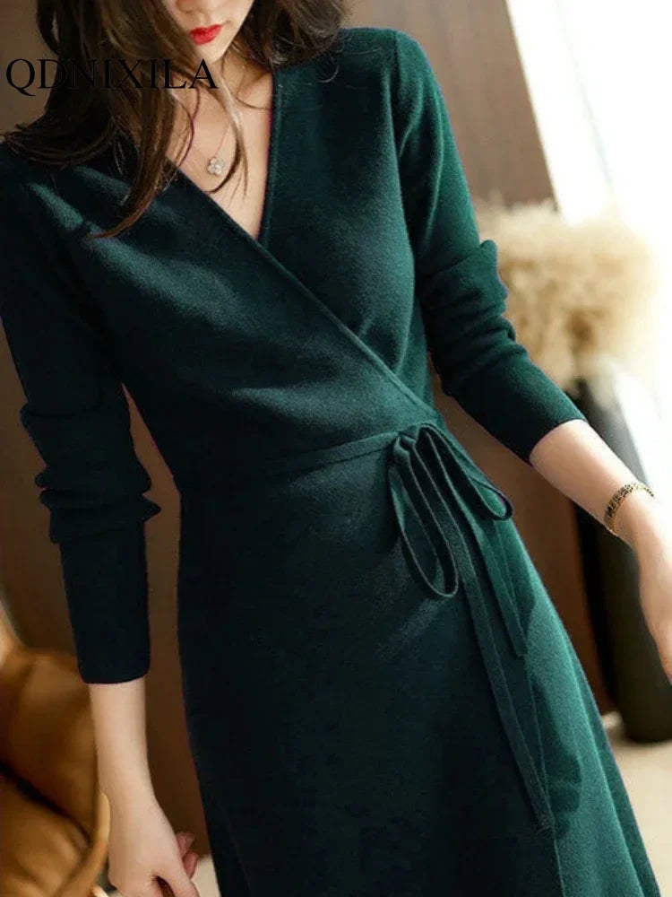 Womens Dresses V-neck Wrap Up Dress for Women Autumn Winter 2023 New Woman Clothing Korean Version Loose Elegant Knitted Skirt - Seprincess