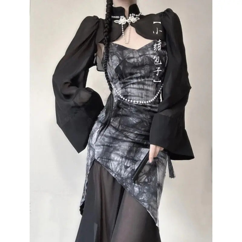 Vintage Black Long Sleeved Top Ink Painting Splicing Irregular Mesh Dresses Cheongsam Dress 2 Piece Suit for Women Modern Qipao - Seprincess