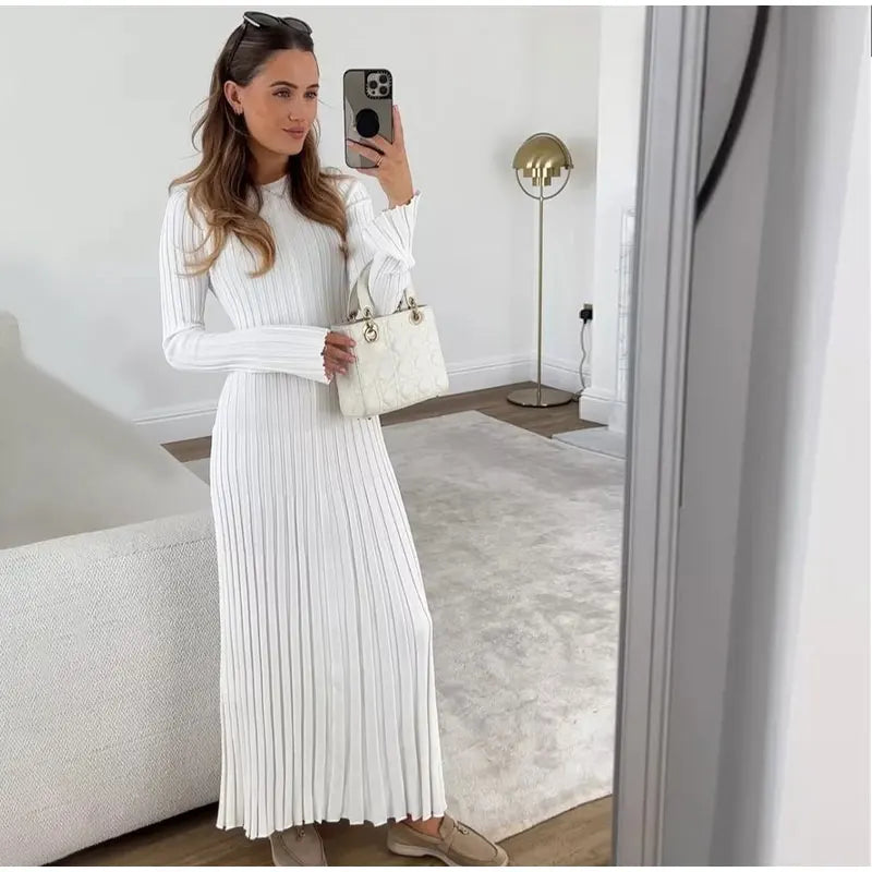 Women Elegant Solid Pleated Knitted Maxi Dress Casual Round Neck Long Sleeve Lace Up Dresses 2024 Autumn Lady High Street Robes - Seprincess