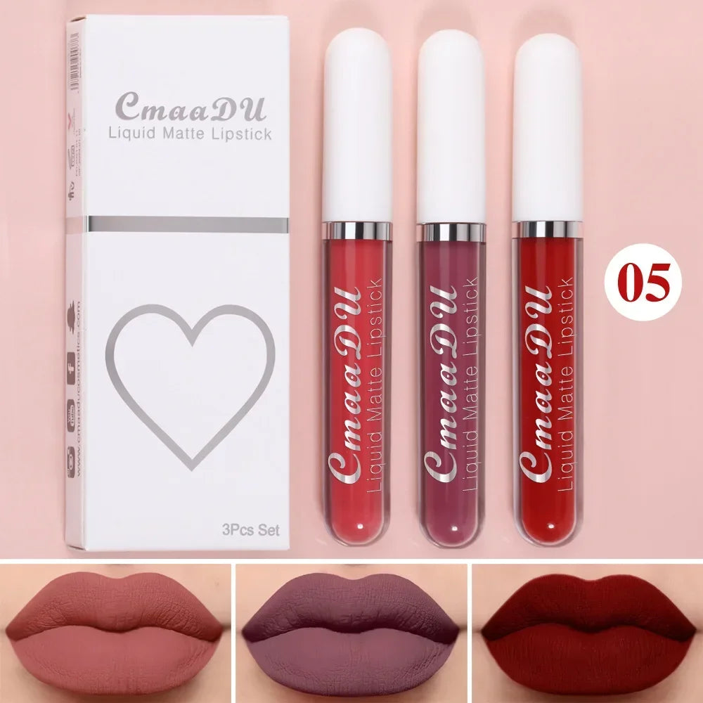 3Pcs/Set Waterproof Matte Nude Lip Gloss Brown Nude Pigment Dark Red Long Lasting Velvet Liquid Lipstick Women Makeup Lip Glaze