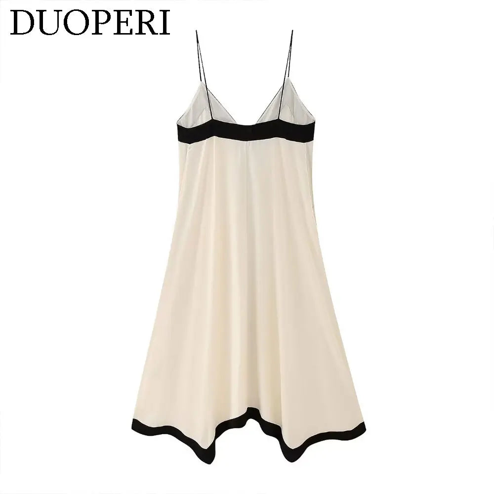 DUOPERI Women?Fashion?Patchwork?Loose?Midi?Camisole?Dress?V-Neck?Backless?Thin?Straps?Female?Chic?Lady?Casual?Long?Dress - Seprincess