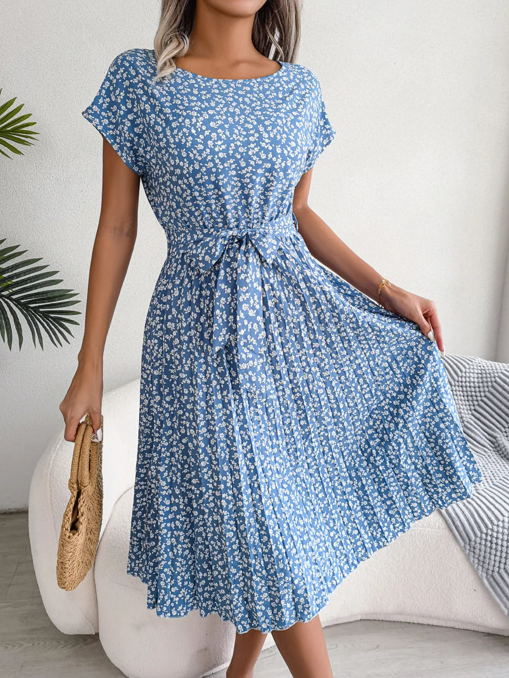 Women Spring Summer Short Sleeve High Waist Chic Dress Fashion Floral Pleated A Line Long Dress - Seprincess