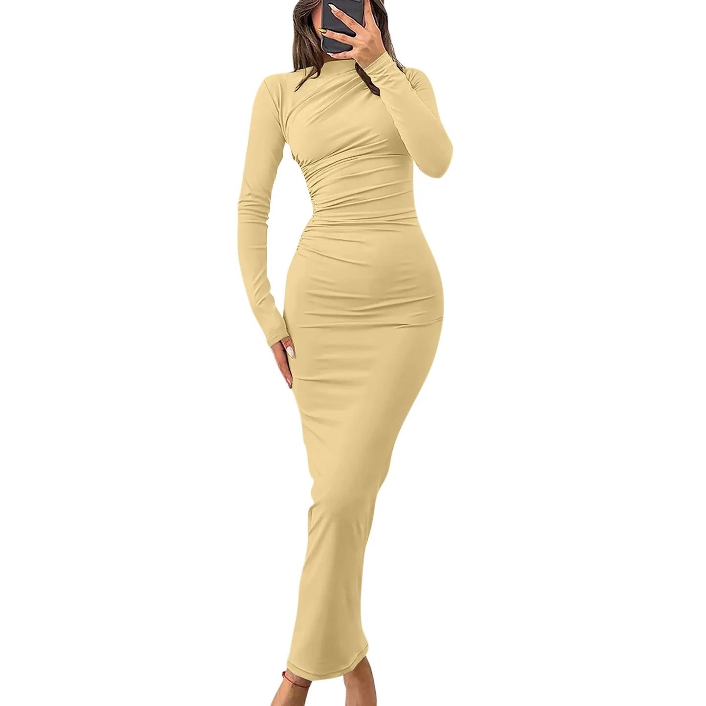 Women Bodycon Maxi Dresses Fall New Long Sleeve Sexy Ruched Neck Slim Fit Cocktail Party Dress Elegant Gentle Temperament Dress - Seprincess