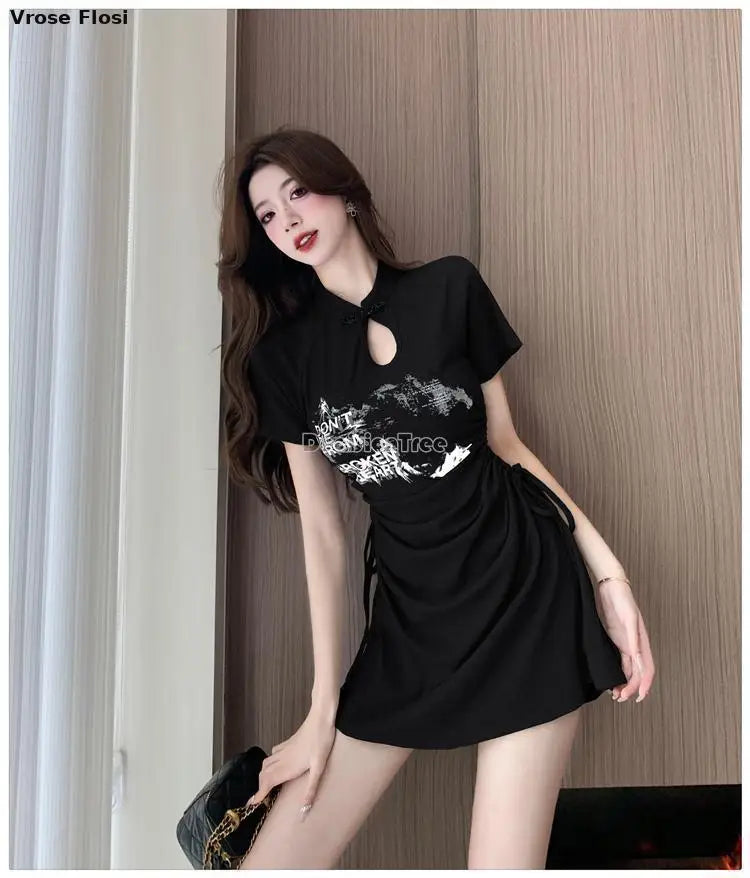 New 2024 Retro Daily Leisure Qipao Dress Chinese Style Printing Improved Cheongsam Fashionable Wrinkled Waist Design Thin Dress - Seprincess