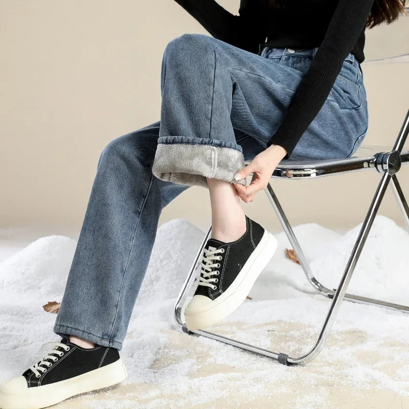 Winter Warm Jeans Women Loose Thick Plus Velvet High Waist Wide Leg Jeans Pant Casual Straight Fleece Denim Trousers