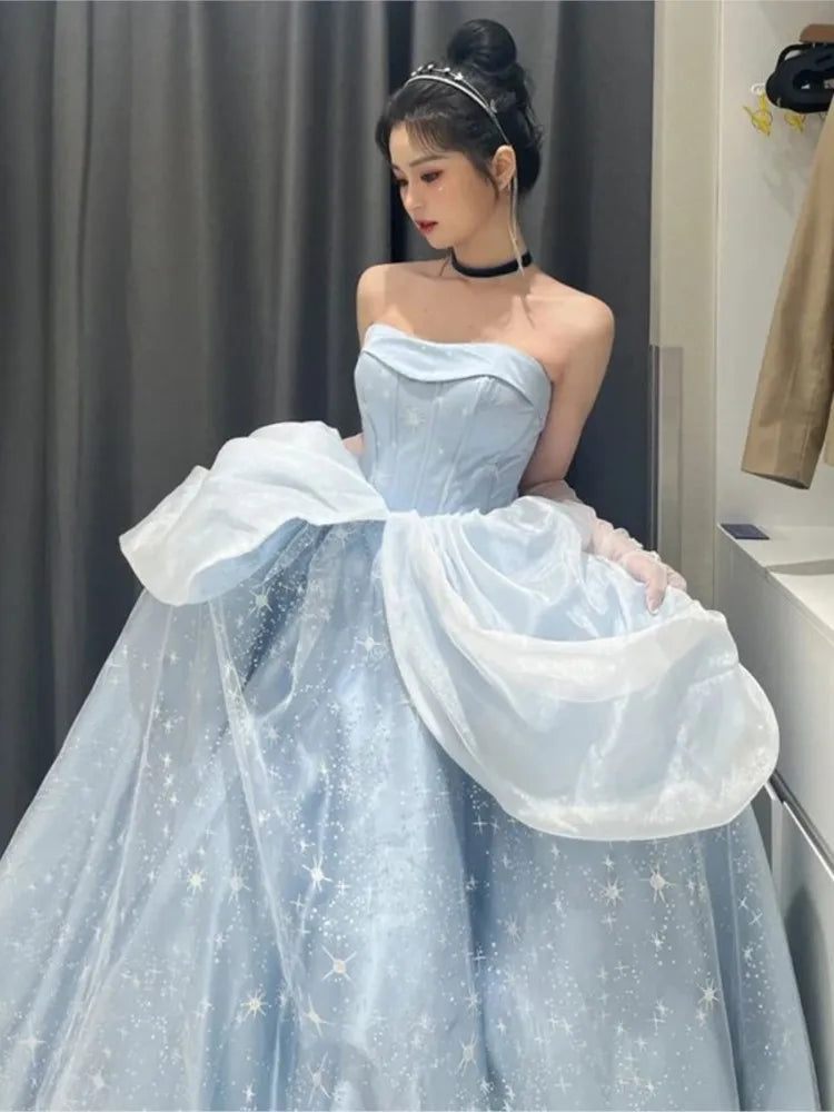 Blue Prom Dress Engagement Jacquard Dress France Vintage Sweet Korean Princess Fairy Dress Evening Party Dress - Seprincess