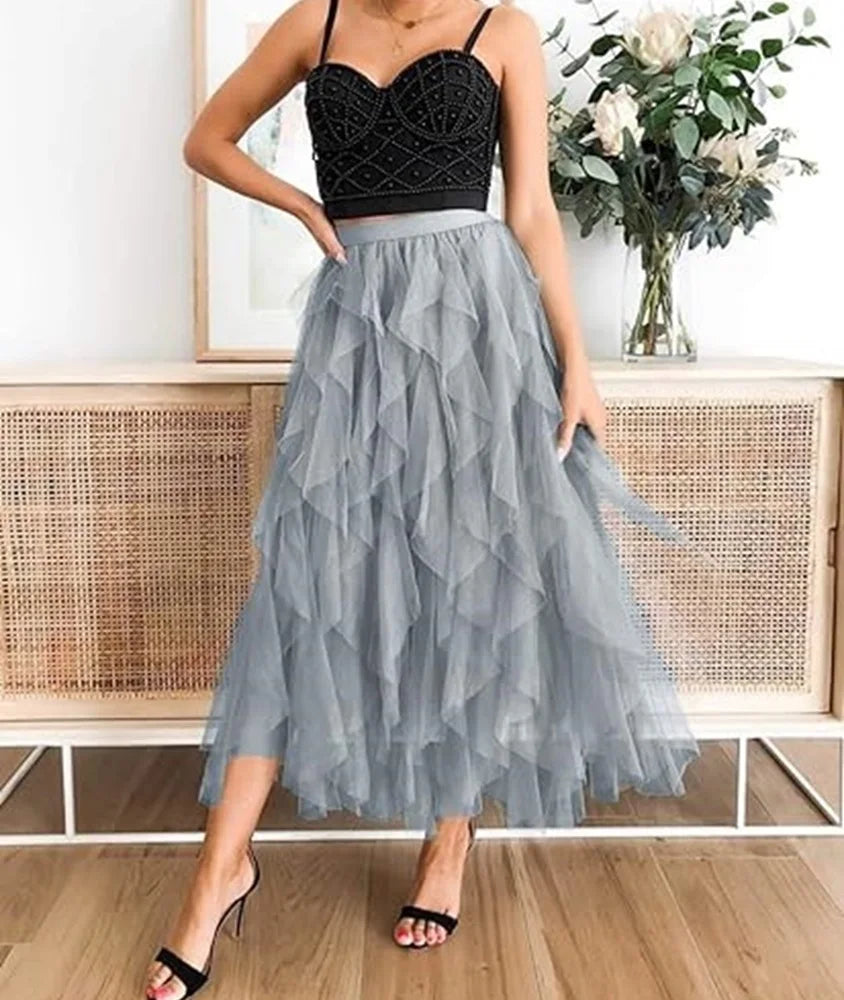 Tulle Skirts for Women Long Length Tutu Fairy Tiered Skirt A Line Mesh Elastic Waist Skirts Big Hem Black Gray Pink Beige Skirts - Seprincess