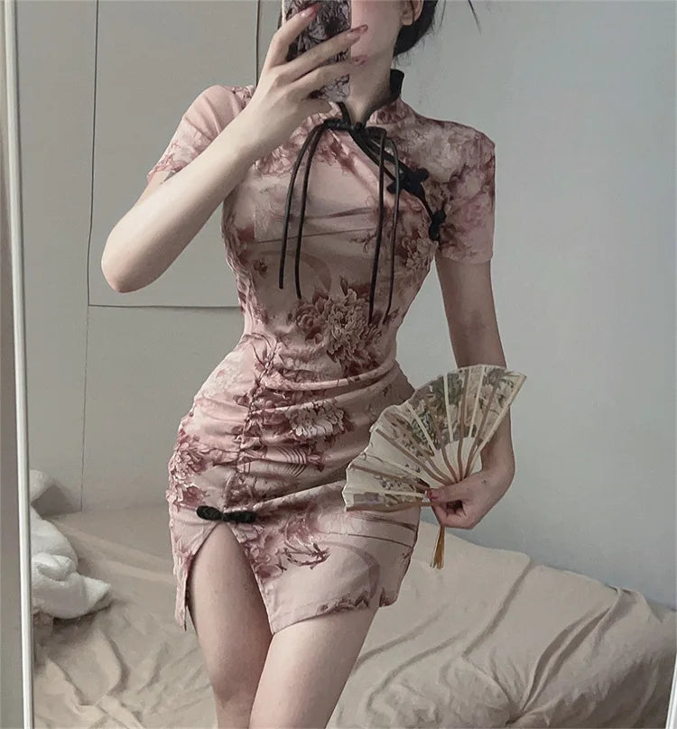 Chinese cheongsam summer high slim elegant flower long maxi dress hot sexy short skirt Korean fashion women Y2K clothing - Seprincess