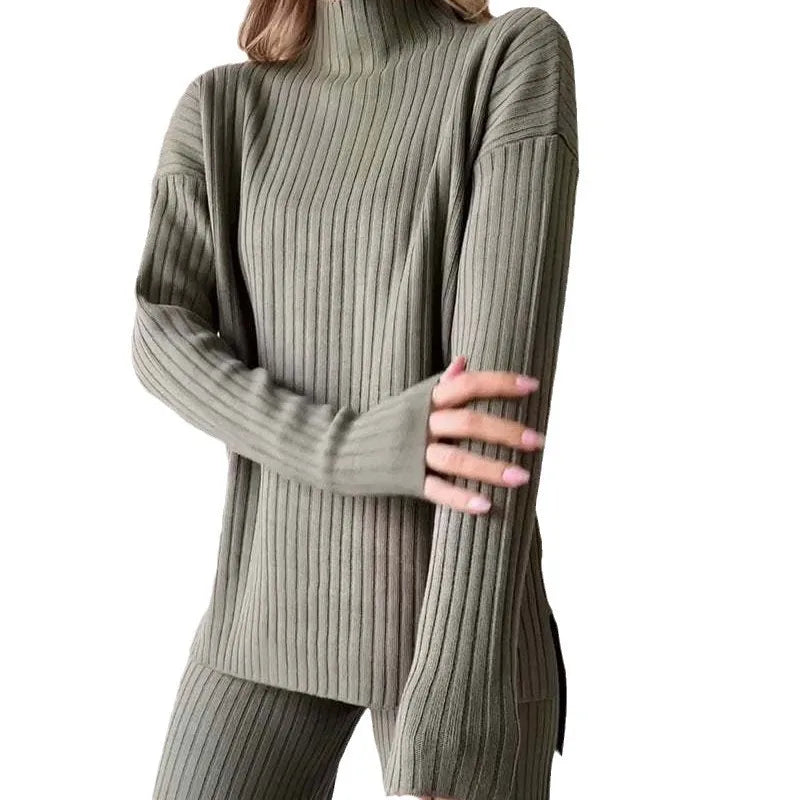 Women Knitted Two-piece Set Casual Loose Women's Home Suit With High Collar Top Wide Leg Trousers Knitting 2 Piece Outfit Winter - Seprincess