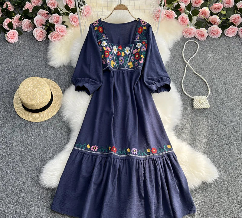 Spring/Summer Women's Travel Vacation Vintage Long Dress Bohemian Ethnic Style Embroidered Waist Tie up Cotton and Linen Dress ? - Seprincess