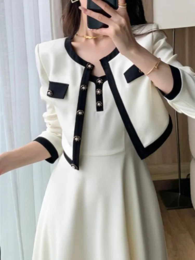 Fashion Korean Women Elegant Casual Dress Set Vintage Crop Jackets Sleeveless A-Line Strap Dress Two Pieces Set Female Clothes - Seprincess