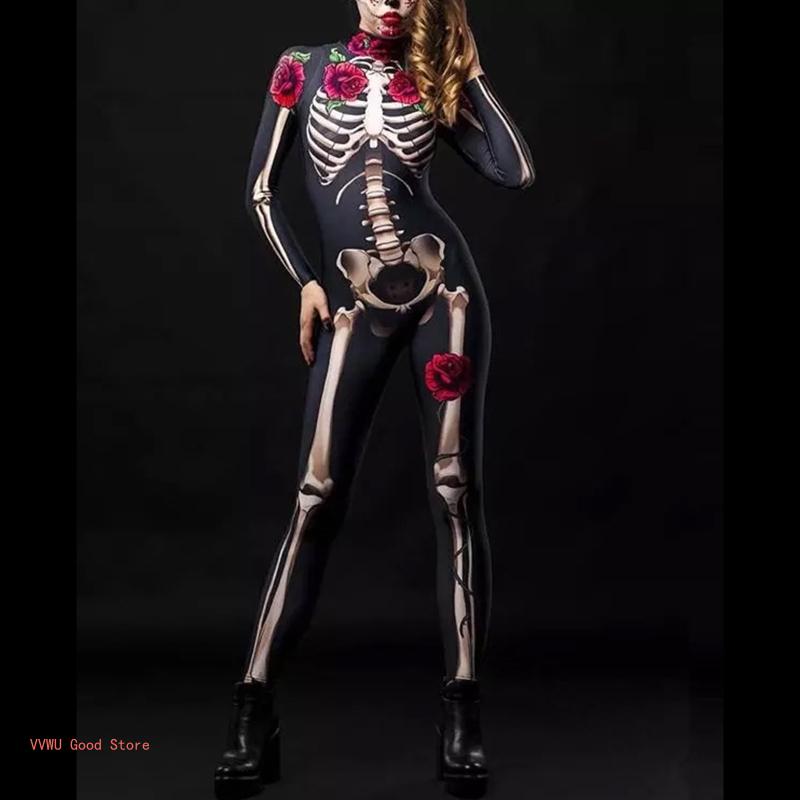 Women Halloween Party Costume Skull Print Long Sleeve Jumpsuit Outfit Skeleton - Seprincess