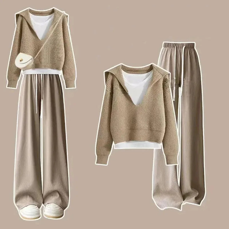 Women's Three Piece Set of Chanel Wide Leg Pants with Lazy Style, V-neck Sweater Vest, Autumn/winter 2024 New Outfit Pant Sets - Seprincess