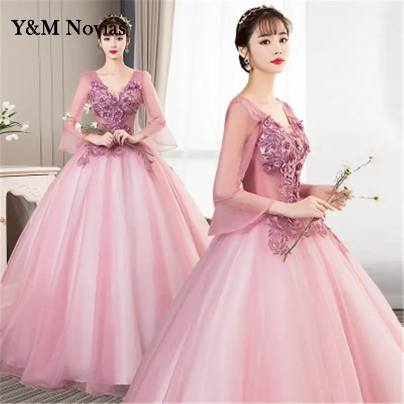 Y&M Novias New V Neck Long Sleeve Quinceanera 15 Years Vestidos De 15 Anos Mint Wine Red Turquoise Quinceanera Gowns Party Dress - Seprincess