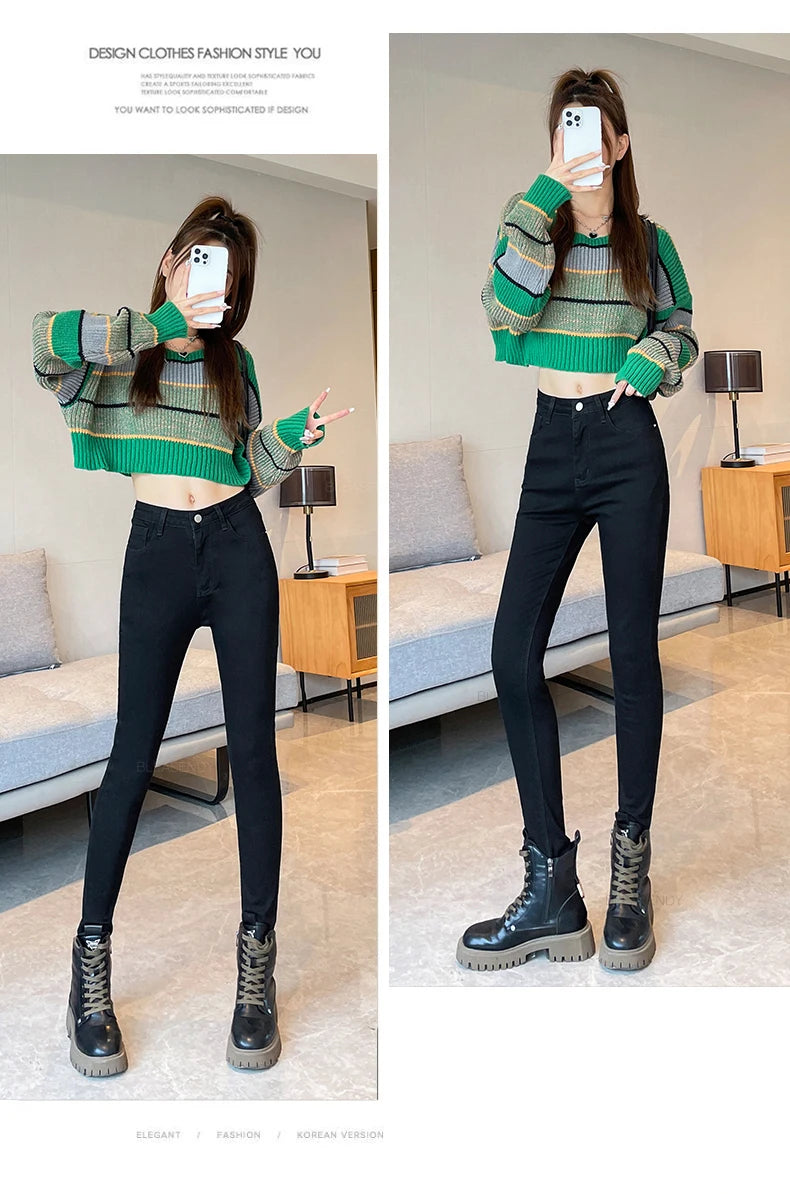 Skinny Jeans Women's Elastic High Waist Slim Fashion Korean Pencil Pants Spring New Leggings Black Gray Light Blue