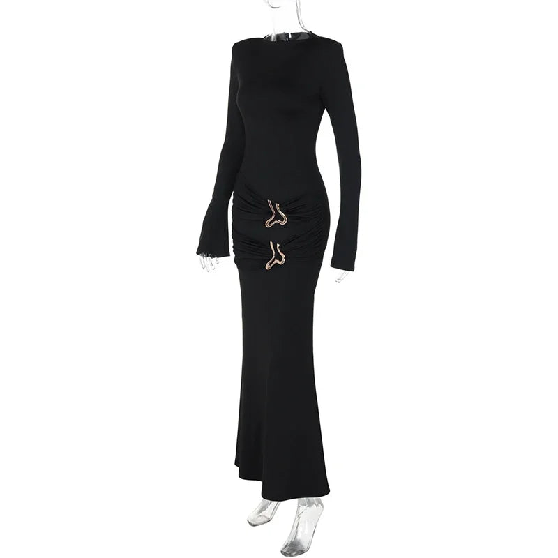 Elegant Black Pleated Metal Button Long Dress Women Long Sleeve O-neck Bodycon Dresses 2024 Autumn Sexy Evening Party Robes - Seprincess