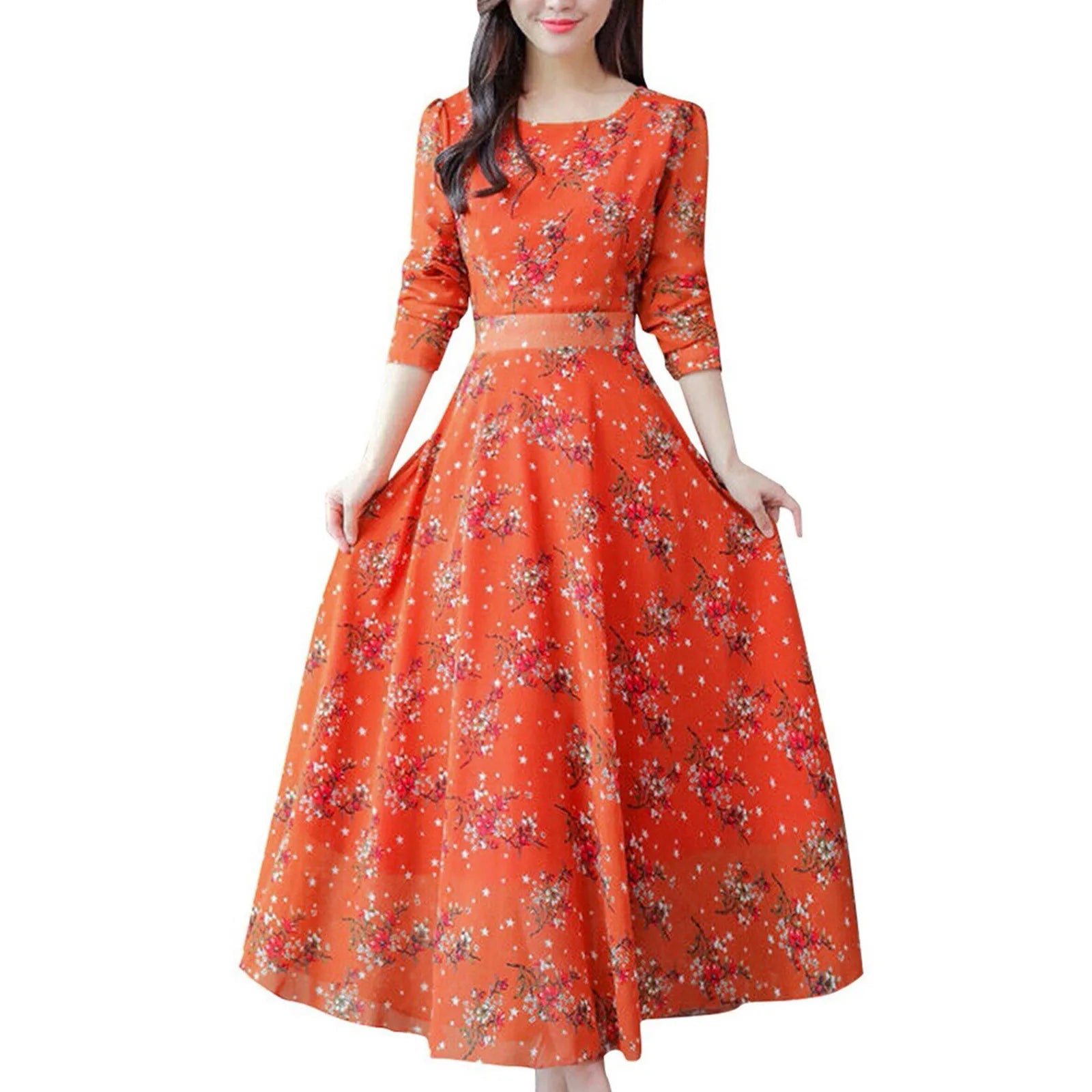 2024 Women's Casual Dress Elegant Female Loose Midi Dress Long Sleeve Floral Print Summer O Neck Dress 2024 Bohemia Clothing - Seprincess