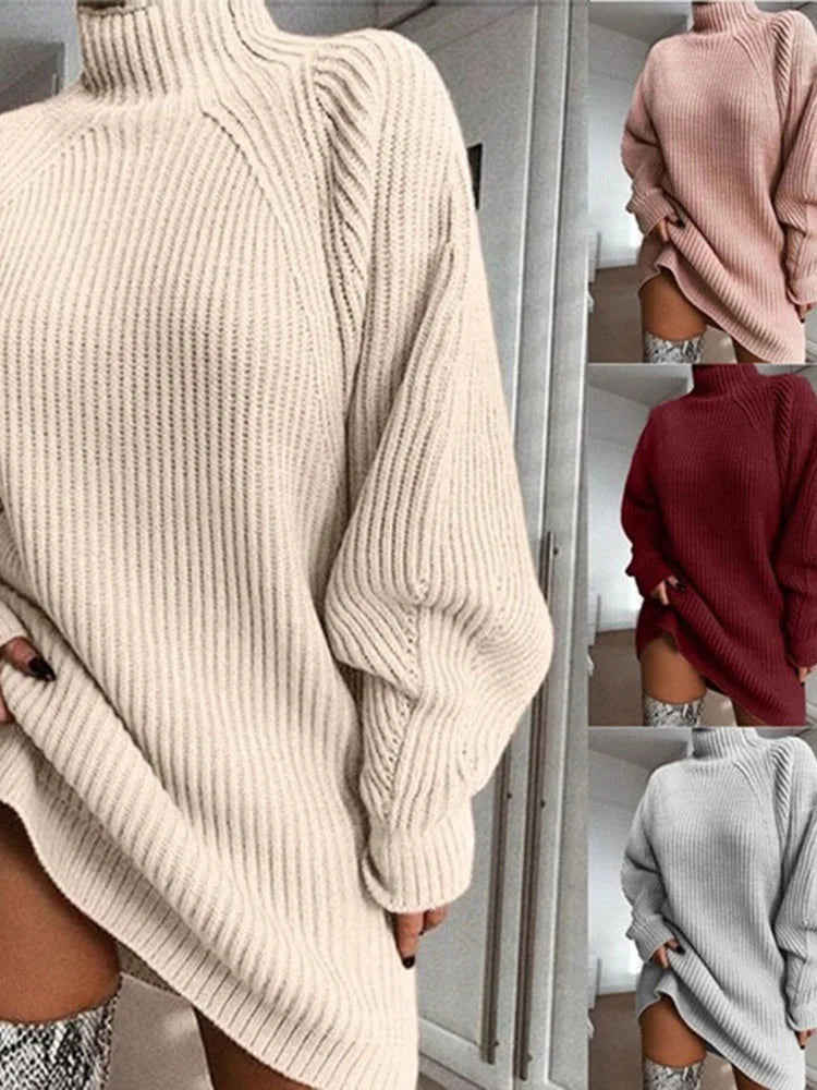 Women Turtleneck Sweater Dress Autumn Solid Long Sleeve Casual Elegant Mini Oversized Knitted Dress Winter Clothes - Seprincess