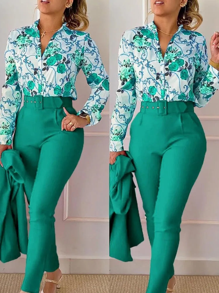 Elegant Women Printed Two Piece Suit Sets Spring Autumn V Neck Long Sleeve Shirt Top & Long Pants Set With Belt Workwear Outfits - Seprincess