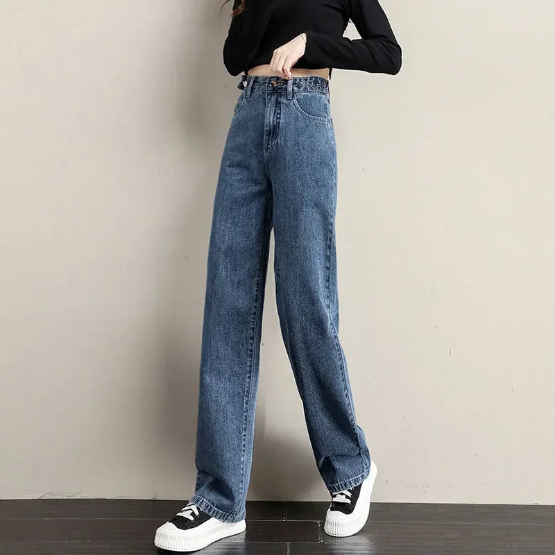 Multi-Button Wide-Leg Women's Jeans New Style Adjustable High-Waisted Straight-Leg Long Pants Loose Fit Niche Style