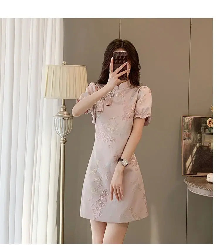 Chinese Style Elegant Cheongsams Dress Summer Women Vintage Floral Embroidery Qipao Mini Dress Lady Chic Tassels Slim Vestidos - Seprincess