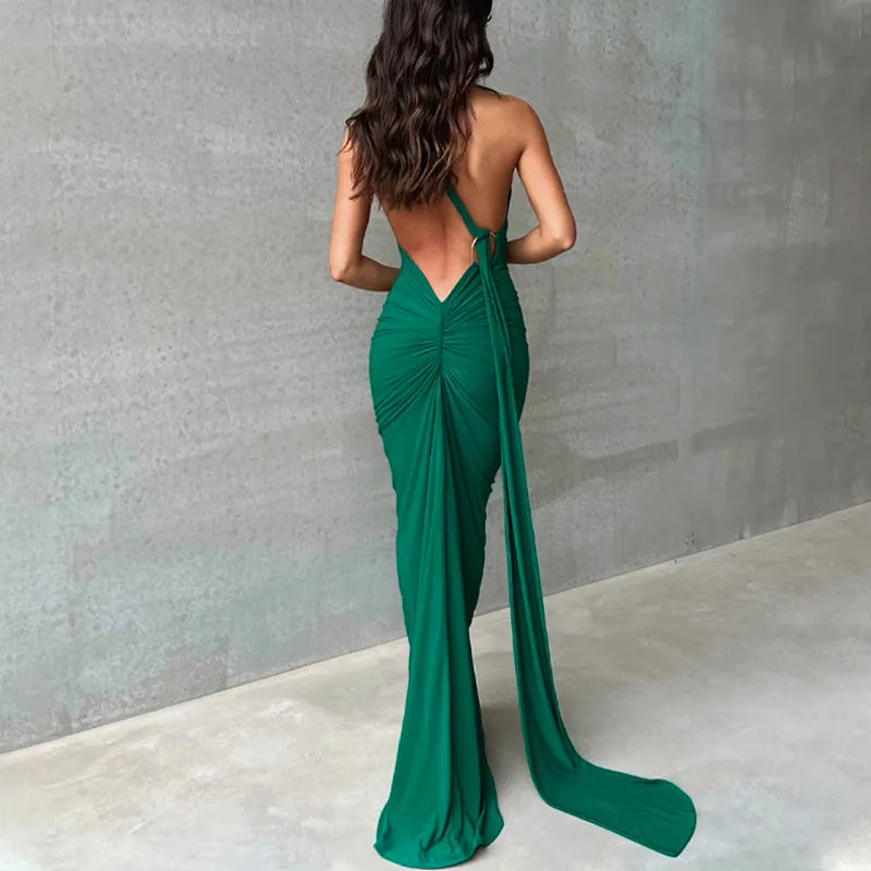 2023 One Shoulder Backless Adjustable Scarf Loop Ruched Sexy Maxi Dress Women Elegant Y2K Streetwear Festival Outfit - Seprincess