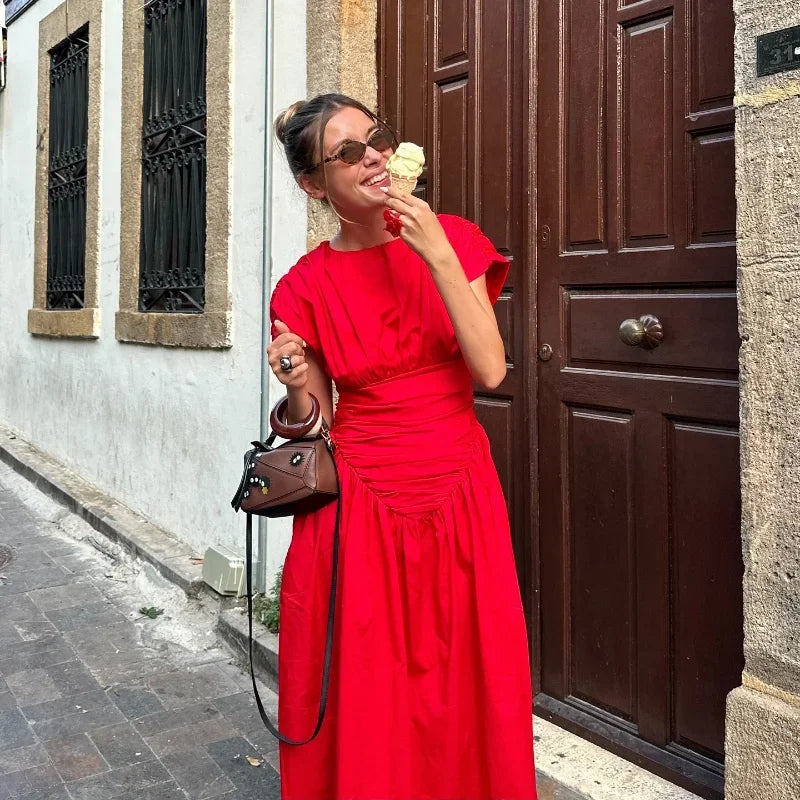 Women Red Irregular Pleated Wrap Waisted Maxi Dress Elegant O Neck Sleeveless Slim Long Dresses Chic Lady Party Street Robes - Seprincess