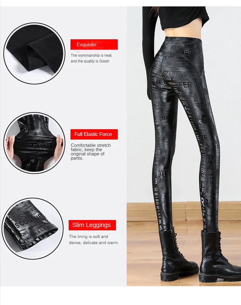 Women Faux Leather Leggings Slim Autumn Winter Letter Fashion High Waist Tight Warm Thin Velvet PU Leather Pants for Women 2024