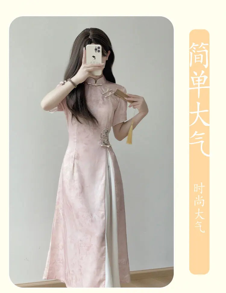 Elegant Pink Stand Collar Short Sleeve Ao Dai Vietnamese Dress for Women Chinese Style Printed Cheongsam Dresses Qipao XL 2XL - Seprincess