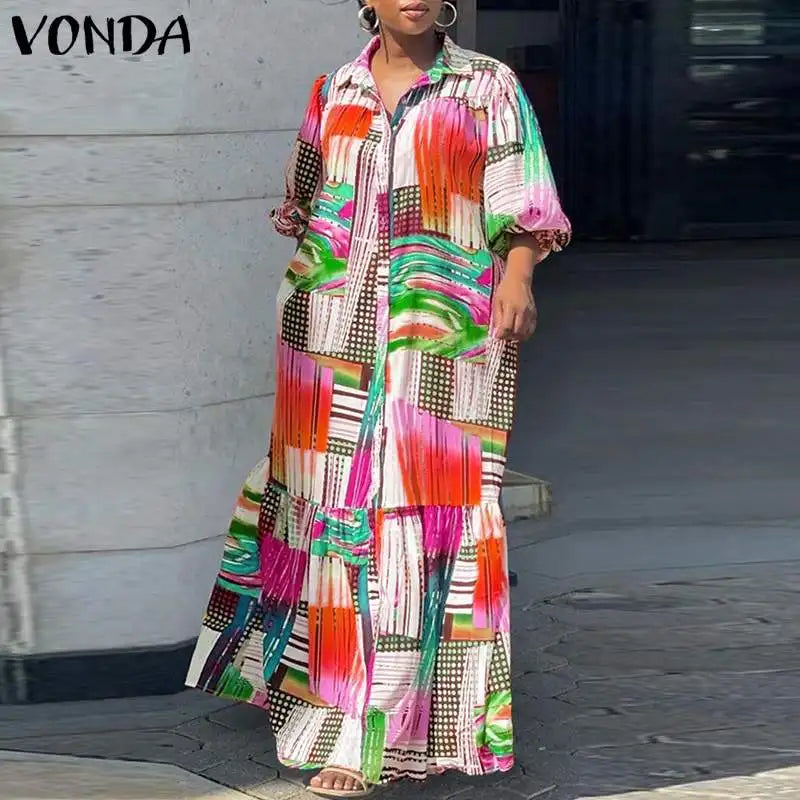 VONDA Plus Size Bohemian Printed Dress 2024 Autumn Women Elegant Long Sleeve Vintage Maxi Sundress Casual Buttons Loose Robe 5XL - Seprincess