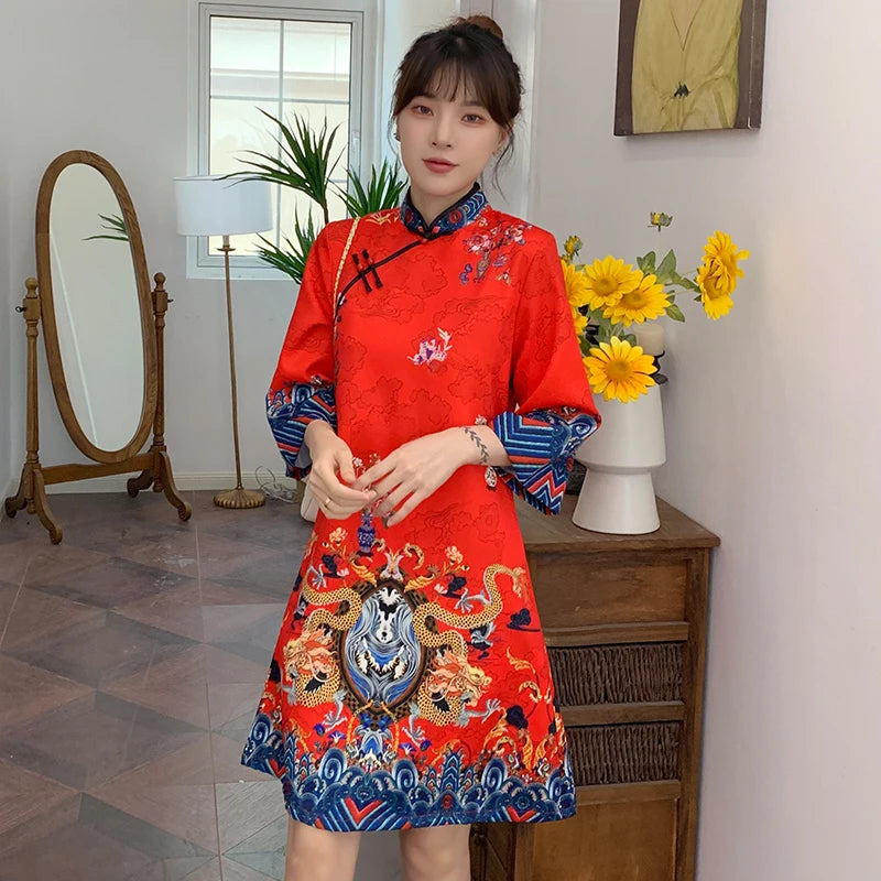 Ins Red Blue Loose 2021 New Fashion Modern Chinese Cheongsam A-line Dress Women 3/4 Sleeve Qipao Traditional Chinese Clothes - Seprincess