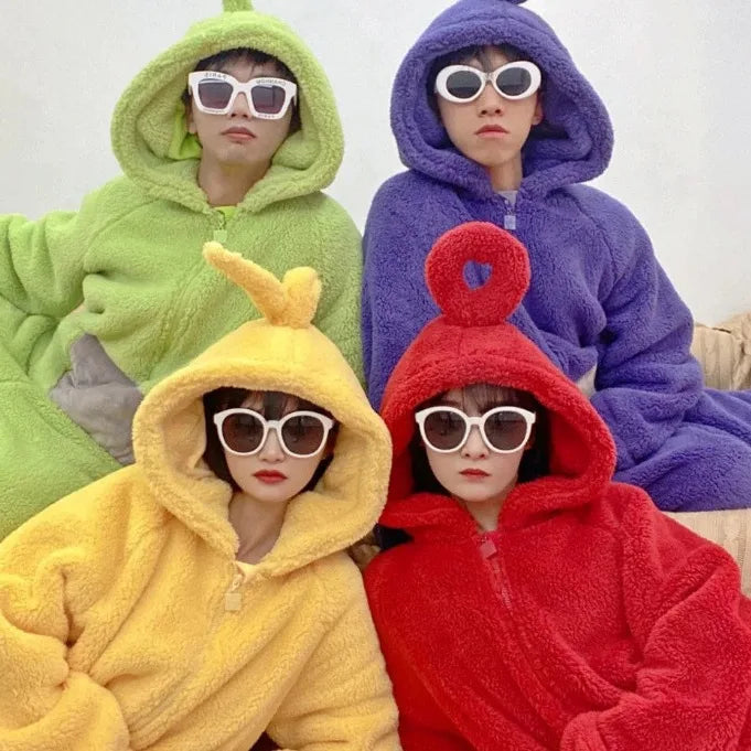 Kawaii Cartoon Teletubbies Plush One-Piece Pajamas Kid Teletubbies Costumes Adult Warm Home Clothes Cosplay Party Wear Girl Gift - Seprincess