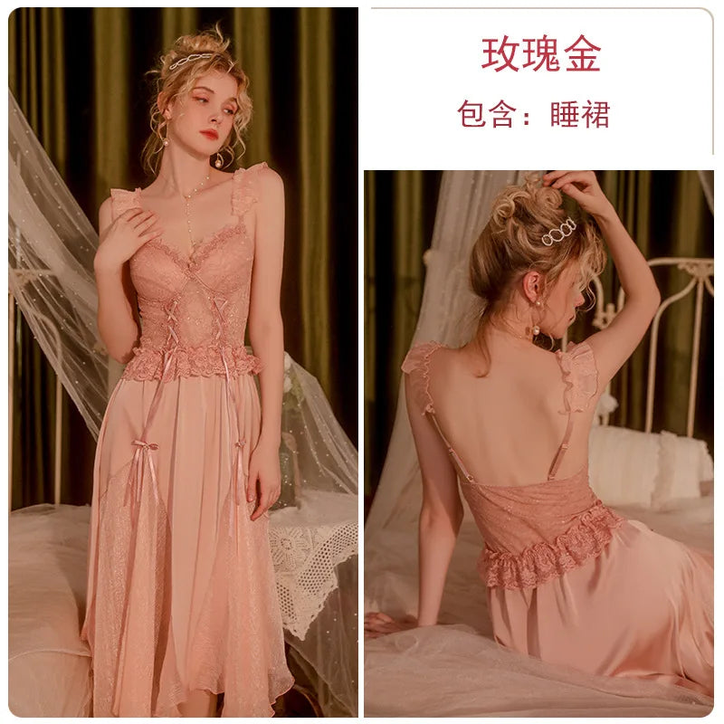 Sexy Strap Nightgown Female Lace Sleepwear Gown Intimate Lingerie Summer Women Robe Nightgown Silky Satin Home Wear Dress - Seprincess