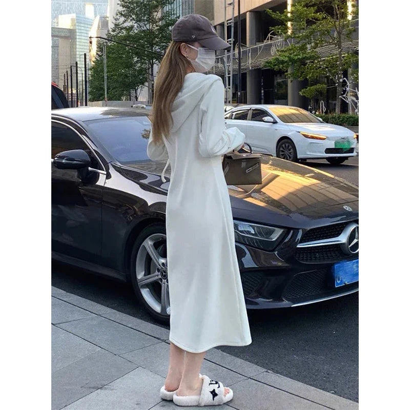 Autumn Collection 2023 New Arrival Women's Long Sleeve Hooded Sweatshirt White High-end Feel Petite Dress - Seprincess