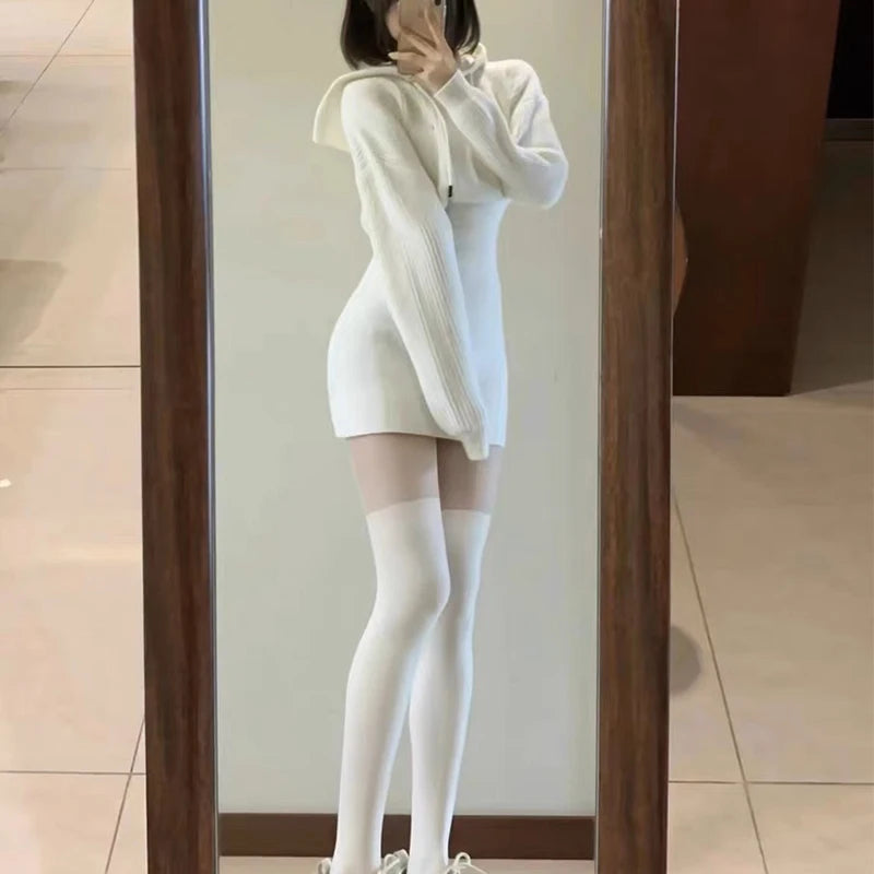 Women Winter Dress Knitted Sweater Solid Slim Elastic Hoodie Dress High Waist Vintage Pullovers Sniper Style Mini Dress Korean - Seprincess