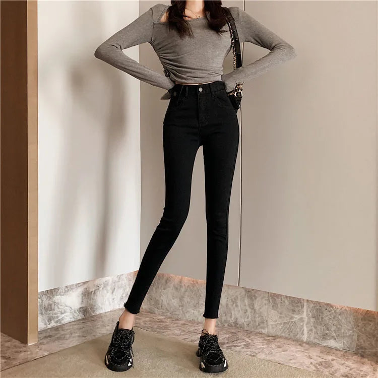 Jeans Women Spring 2023 Fashion Beige High Waist Leggings Skinny Label Pencil Pants Boots Pants