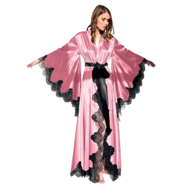 Women Robes Sleepwear Kimono Pajamas Pure Long Black Silk Satin Lace Trim Photography Dress Wedding Bride Gown Photo Shoot - Seprincess