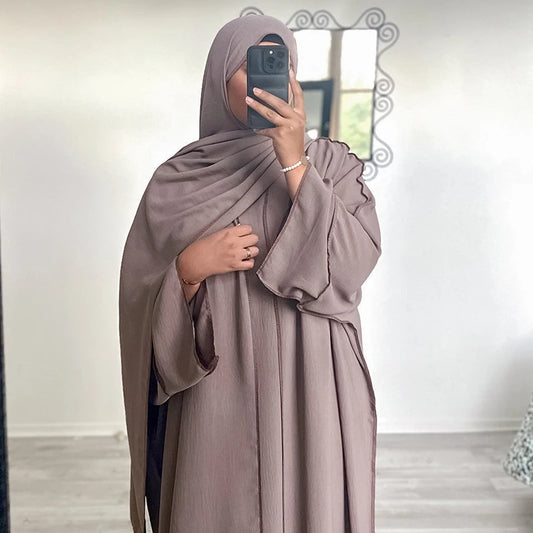 Three Piece Abaya Set With Hijab Free Belt Jazz Crepe Kimono Sleeveless Under Dress EID Ramadan Muslim Women Islamic Clothing - Seprincess