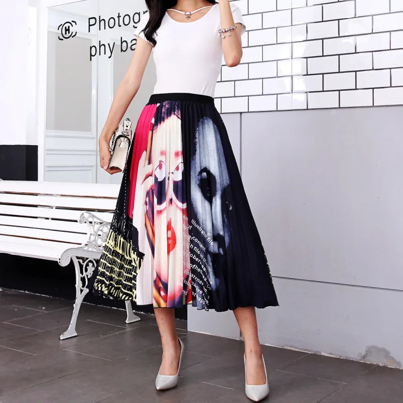 2024 Summer Women Cartoon Print Pleated Skirts A Line High Waisted Elastic Midi Long Skirt Ladies Party Korean Style Dresses - Seprincess