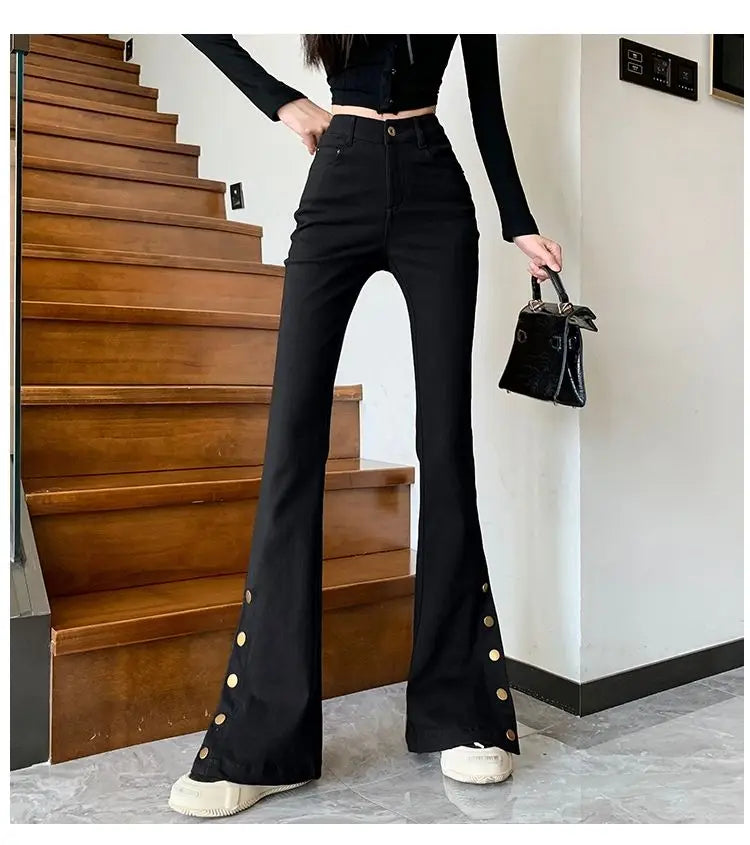 Micro-boot jeans brown buttoned design women's autumn and winter new high-waisted slim straight-leg floor mopping pants