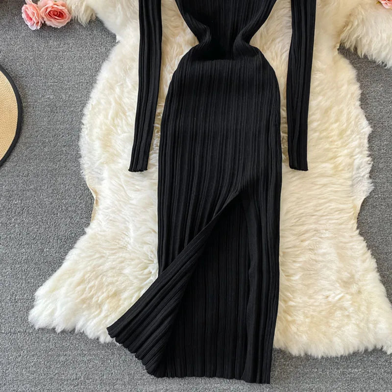 Women Korean Knitted Dress Long Sleeve V Neck Elastic Slim Pencil Dresses 2024 Autumn Sexy Bodycon Split Sweater Dress