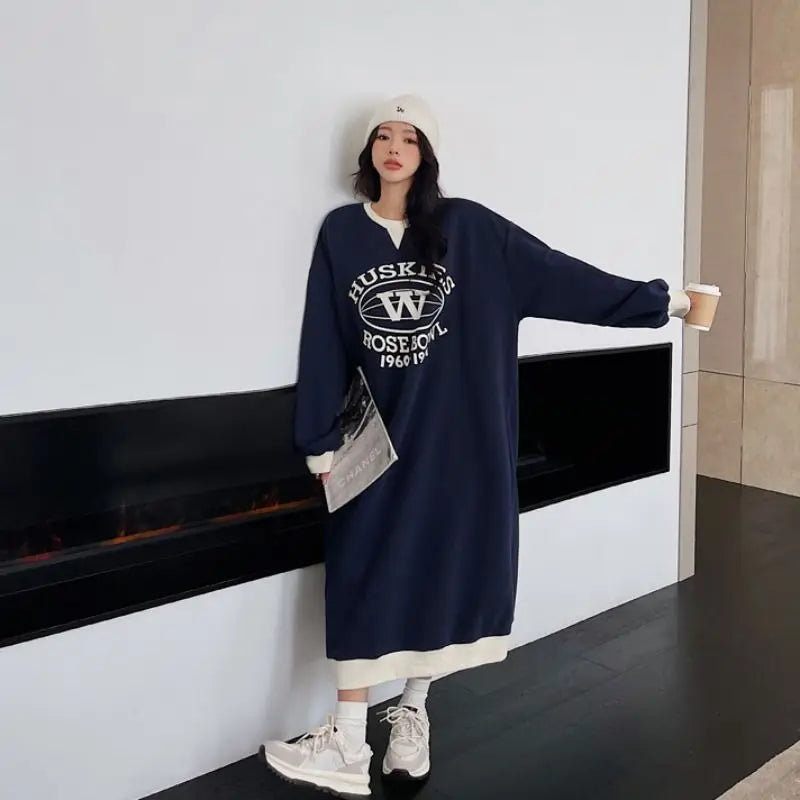 2023 New O-neck Pullovers Autumn Winter Thin Fashion Loose Long Dress Streetwear Dresses Printing Young Style Women's Clothing - Seprincess