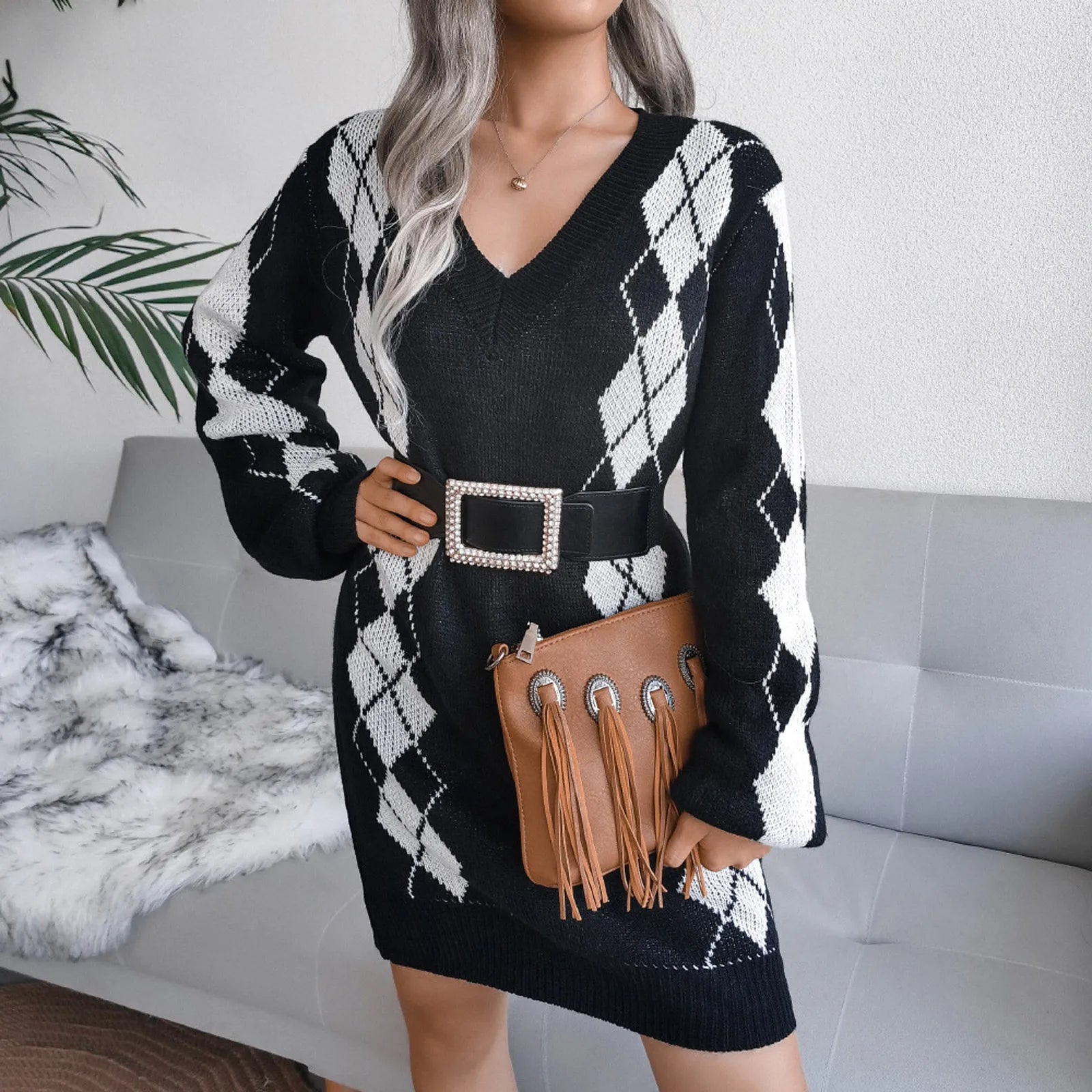 Women'S Autumn And Winter V-Neck Sweater Wrapped Dress Long Sleeve Dress Cembroidery Printing Dress Loose Cardigan For Women 원피스 - Seprincess