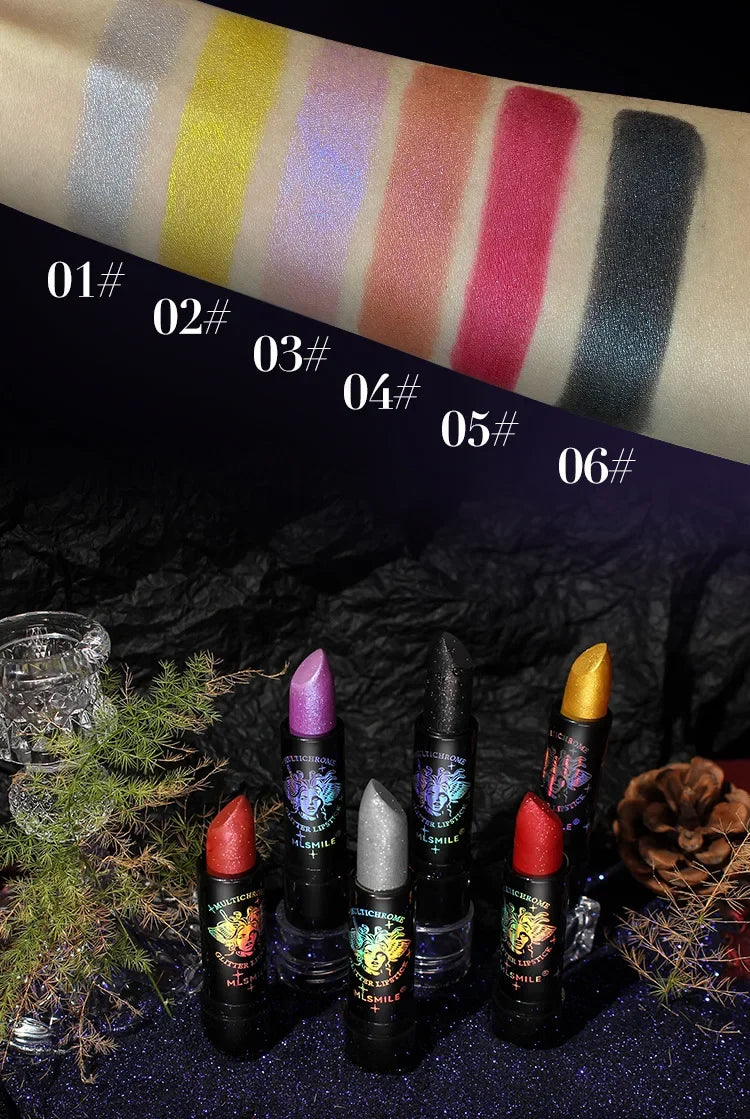 6Colors Glitter Lipstick Waterproof Long Lasting Diamond Pearlescent Metallic Lipstick Black Lipgloss Women Lips Makeup Cosmetic - Seprincess