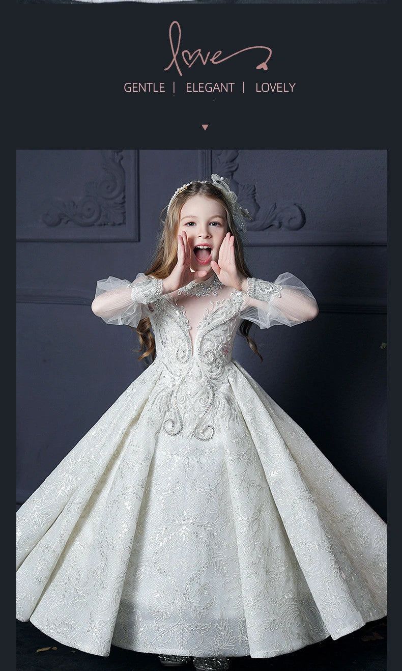 Girls First Communion Dress Flower Girl Wedding Sequins Dresses for Kids Piano Performance Vestidos Children Pageant Ball Gown - Seprincess