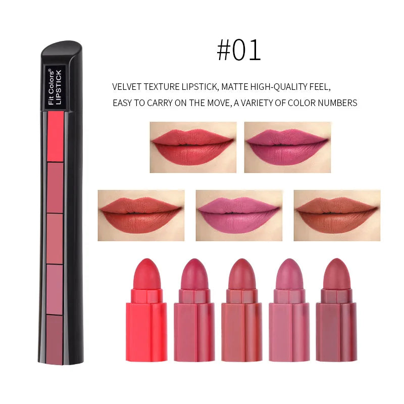 1PC Matte 5-color Lipstick Set Velvet Lip Stick Non-stick Lip Gloss Long Lasting Waterproof Sexy Red Lipstick Lip Makeup - Seprincess