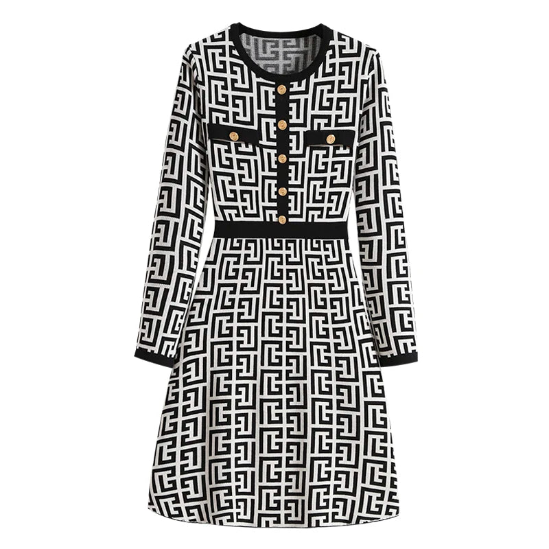 Autumn Winter Tunics Women Clothing Knitted Dresses Office Lady Geometry Printed Elegant Fashion Vintage Dress - Seprincess