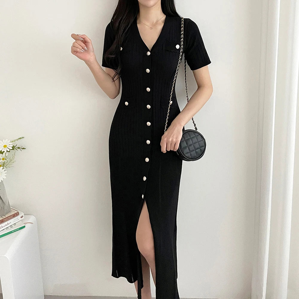 Summer Midi Dress Women Knitted Black Bodycon Korea Style Ruffle Ladies Dresses Elegant Fashion Casual Woman Dress 2024 - Seprincess